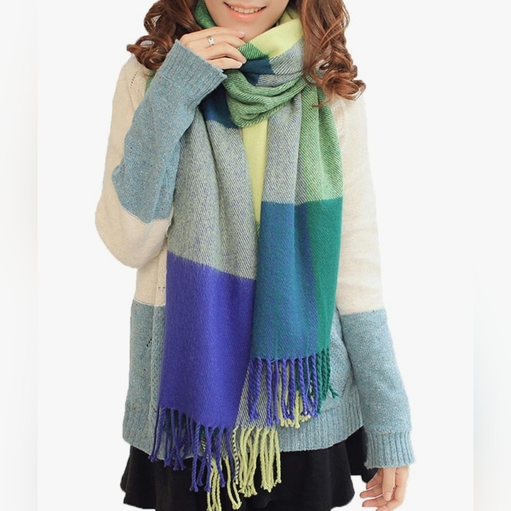 Checkered Scarf for Women Cashmere Shawl Tassels Stylish Soft and Warm 70" x 23"